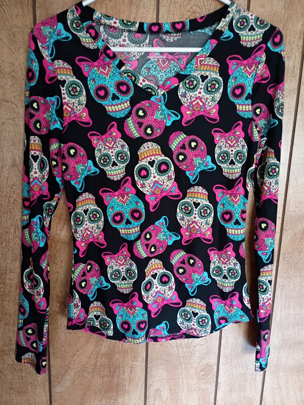 No Boundaries Black Long-Sleeve Top with Pink & Turquoise Sugar Skull Print